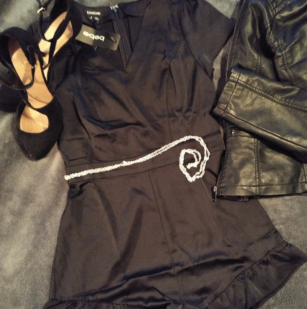NWT Bebe Black Satin Romper